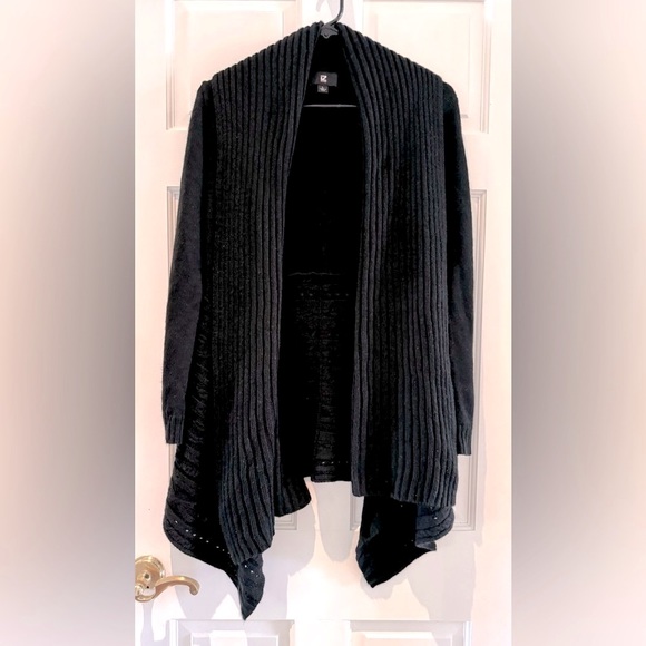 IZ Byer Ribbed Open Drape Front Asymmetrical Cardigan – Black, Size Large - Picture 12 of 16